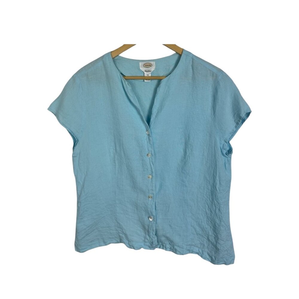 Talbots 100% Irish Linen V-Neck Button Down Short Sleeve Blouse Size 16 Blue Top